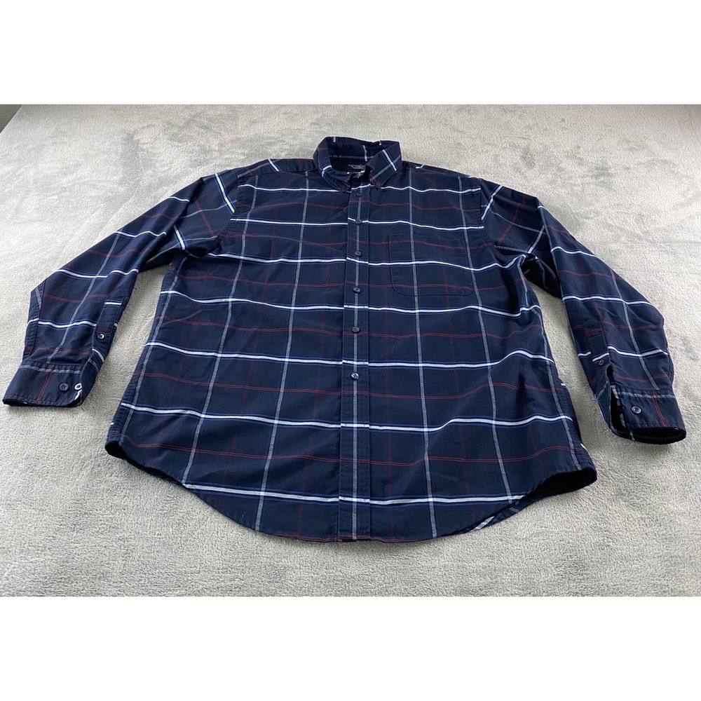 Roundtree & Yorke Mens Large Navy Blue Plaid Oxford Button Down Easy Care Shirt